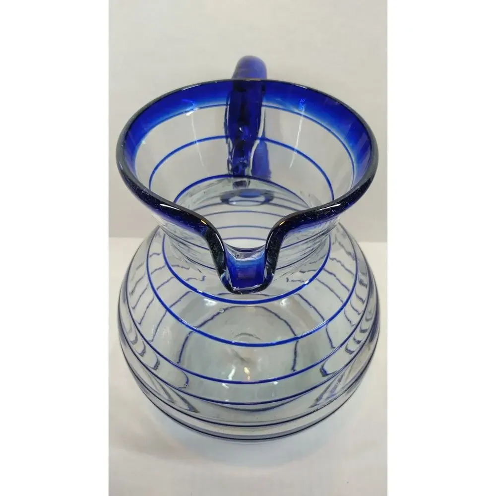 Hand Blown Cobalt & Clear Glass Swirl Pitcher & Glasses 7 Pc Set Made in Mexico
